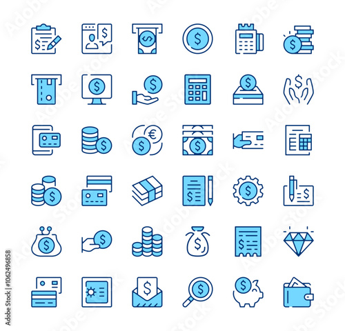 Money icons. Outline symbols. Vector blue line icons set