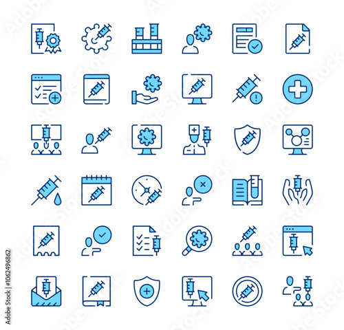 Vaccine icons. Outline symbols. Vector blue line icons set