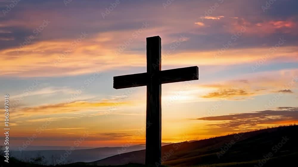 Silhouette of a cross standing on a hill against a stunning sunset, creating a serene and spiritual atmosphere Silhouette of a cross standing on a hill against a stunning sunset, creating a serene and spiritual atmosphere