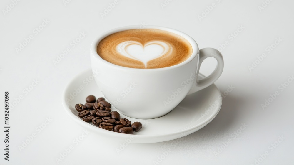 White ceramic cup of cappuccino with heart-shaped latte art on top, placed on a white saucer with coffee beans on the side, isolated against a plain light background White ceramic cup of cappuccino with heart-shaped latte art on top, placed on a white saucer with coffee beans on the side, isolated against a plain light background