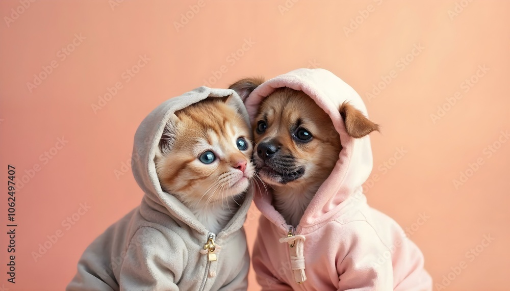 Cute Cat and Puppy in Matching Hoodies Cute Cat and Puppy in Matching Hoodies