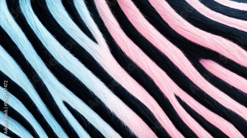 Minimalist design featuring rainbow zebra stripes in pastel tones on a pitch-black background, creating a soft, surreal contrast in a modern art style