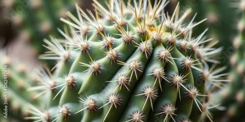 Close-up shot of a green spine cactus with long, sharp thorns, botanical, prickly