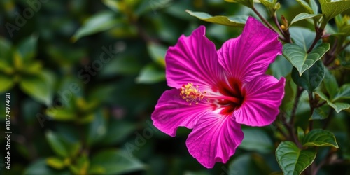 Vibrant hibiscus flower in radiant purple color against green foliage background, flower, colorful