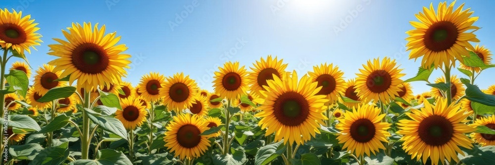 A vibrant field of sunflowers under a clear blue sky, their bright yellow petals basking in the sun's warm glow, blue sky, flora A vibrant field of sunflowers under a clear blue sky, their bright yellow petals basking in the sun's warm glow, blue sky, flora