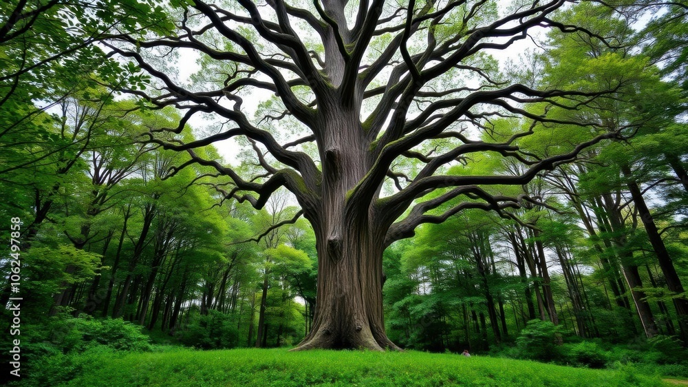 Fototapeta premium Tall and majestic oak tree standing alone in a lush green forest, woodland, nature