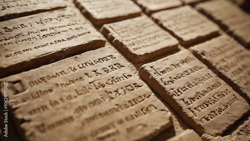 Ancient inscriptions carved on clay tablets showcasing historical language and culture in a museum photo