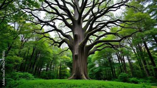 Tall and majestic oak tree standing alone in a lush green forest, woodland, nature