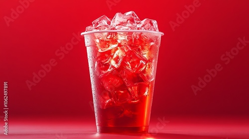 Red soft drink in a modern takeaway cup filled with ice, placed on a smooth red surface with a glowing red background, reflecting bold flavors and minimalism photo