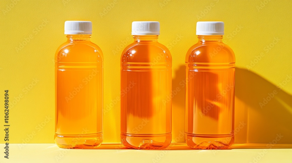 Set of three orange bottles with sleek white caps on a vivid yellow surface, representing hydration, energy boost, and modern active lifestyle Set of three orange bottles with sleek white caps on a vivid yellow surface, representing hydration, energy boost, and modern active lifestyle