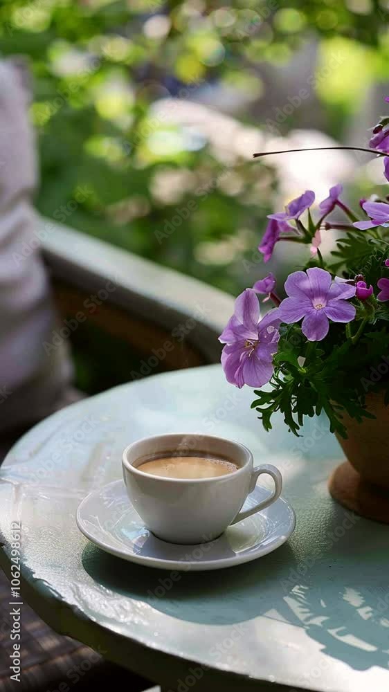 A steaming cup of coffee sits on a round table outdoors, with a vase of purple flowers in the background. The scene is bathed in warm sunlight, creating a peaceful and relaxing atmosphere. A steaming cup of coffee sits on a round table outdoors, with a vase of purple flowers in the background. The scene is bathed in warm sunlight, creating a peaceful and relaxing atmosphere.
