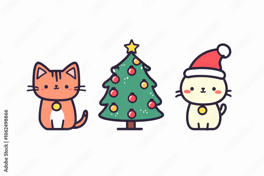 Cute cartoon cats and a Christmas tree with festive decorations. Cute cartoon cats and a Christmas tree with festive decorations.