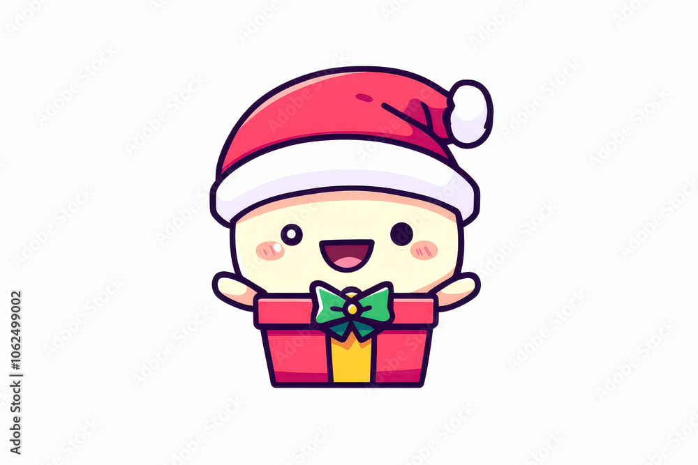Cute character in Santa hat, cheerful expression, with a gift box. Cute character in Santa hat, cheerful expression, with a gift box.