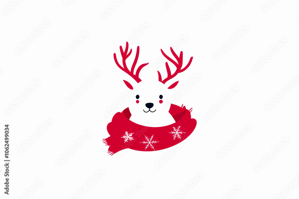 Naklejka premium Cute reindeer wearing a red scarf, white isolated background.