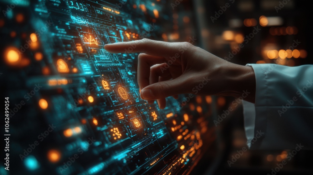 A hand reaches out to touch a glowing futuristic screen with digital data. A hand reaches out to touch a glowing futuristic screen with digital data.