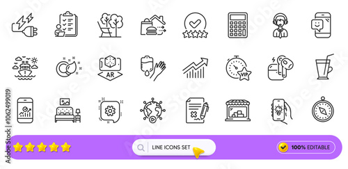 Paint brush, Reject file and Market line icons for web app. Pack of Rating stars, Cogwheel, Furniture pictogram icons. Smartphone statistics, Shipping support, Food delivery signs. Search bar. Vector