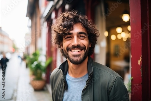 Portrait of a handsome young man with curly hair smiling at the camera