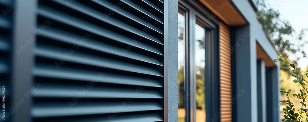 Obraz premium Close-up of an aluminum electric roller shutter on a newly built home.