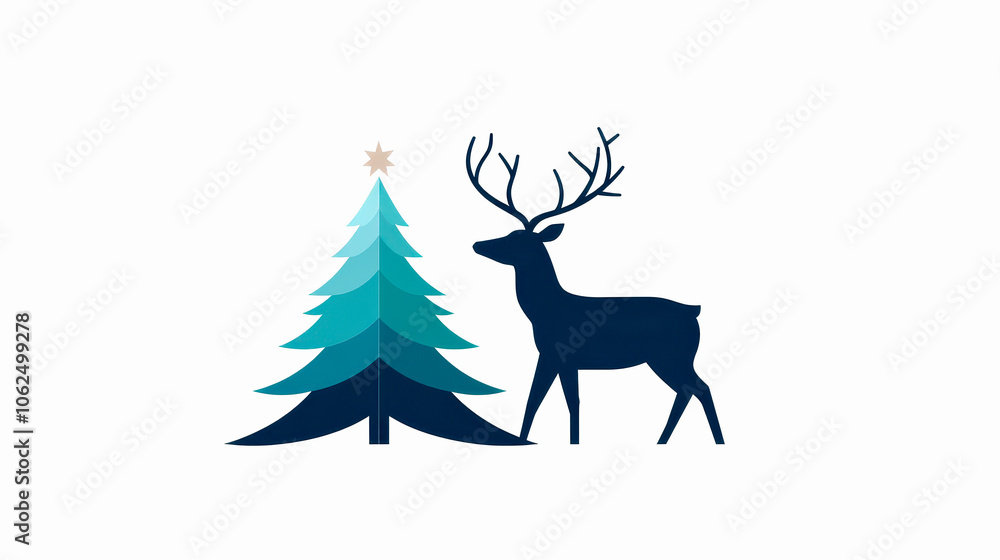 Reindeer and Christmas tree silhouette, white isolate background. Reindeer and Christmas tree silhouette, white isolate background.