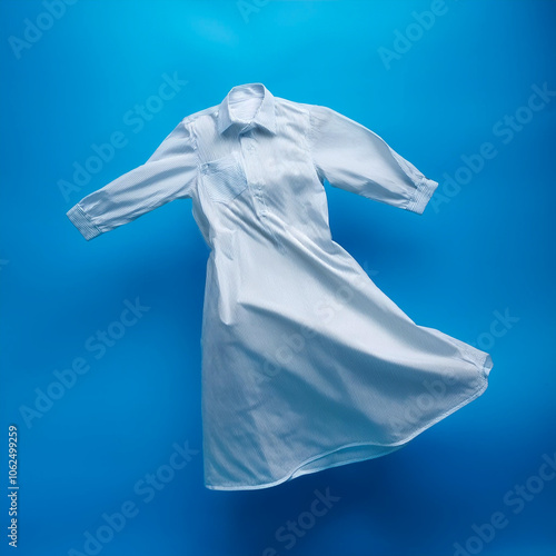 White shirt dress floating or flying isolated on light blue background