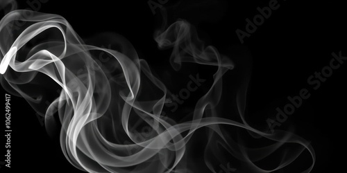 Smoke veils gently swirling and rotating under bright lights, creating mesmerizing patterns on a sleek black background, black background, lights