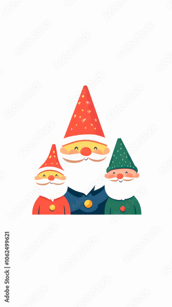 Three cheerful gnomes wearing colorful hats on a white isolated background. Three cheerful gnomes wearing colorful hats on a white isolated background.
