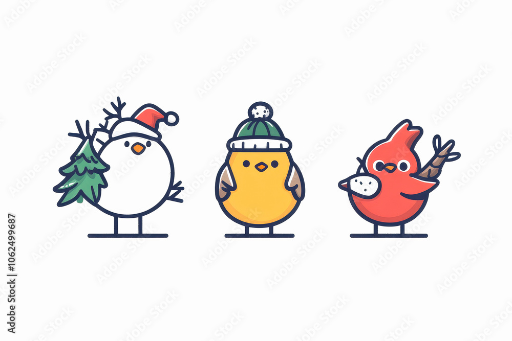 Three cute cartoon birds dressed for winter with festive accessories. Three cute cartoon birds dressed for winter with festive accessories.