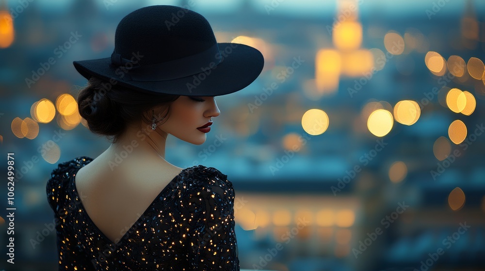 Elegant Woman in Hat Against City Night Lights