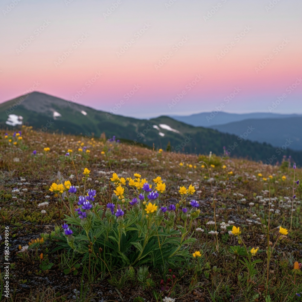 Fototapeta premium Serene mountain meadow dotted with wildflowers under a pastel pink dawn sky