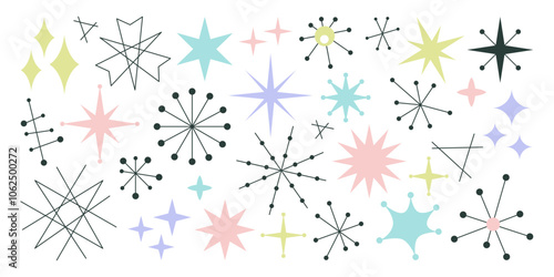 Atomic stars and starburst mid century modern graphic symbols isolated set vector illustration