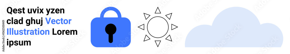 Blue lock icon, minimalist sun icon, and cloud shape alongside placeholder text. Ideal for weather apps, data security sites, cloud services, environmental blogs, tech interfaces, educational Blue lock icon, minimalist sun icon, and cloud shape alongside placeholder text. Ideal for weather apps, data security sites, cloud services, environmental blogs, tech interfaces, educational