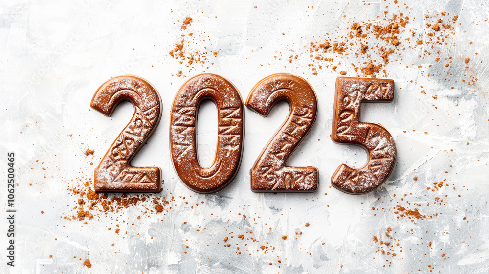 Chocolate numbers 2025 with cocoa powder dusting on white background. Winter Holidays Concept , New Year Chocolate numbers 2025 with cocoa powder dusting on white background. Winter Holidays Concept , New Year