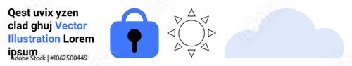 Blue lock icon, minimalist sun icon, and cloud shape alongside placeholder text. Ideal for weather apps, data security sites, cloud services, environmental blogs, tech interfaces, educational