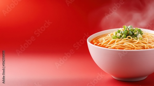 Steaming bowl of ramen with scallions against a vibrant red background, AI photo