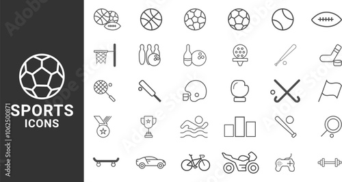 Line Sport Equipment Icons set. Football, golf, gym, basketball, volleyball, bowling, chess, skiing, boxing, tennis, collection Editable Stroke