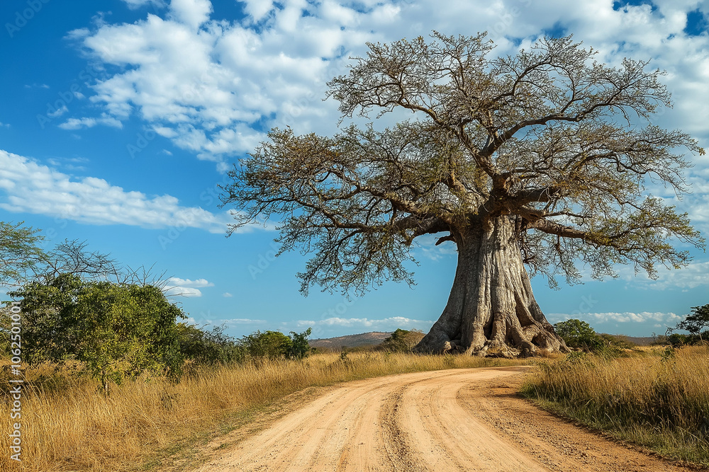 baobab on a savannah in Africa on sunny day, generative AI