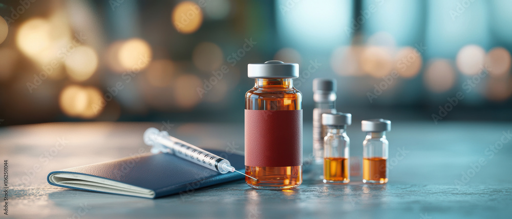 Travel medicine essentials including passport, syringe, and vaccine vials are displayed on table, emphasizing importance of health and safety during travel Travel medicine essentials including passport, syringe, and vaccine vials are displayed on table, emphasizing importance of health and safety during travel