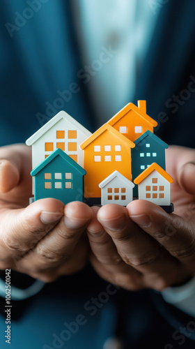 Wallpaper Mural real estate agent holding miniature houses representing property investment and equity. colorful models symbolize various loan options and amortization plans Torontodigital.ca