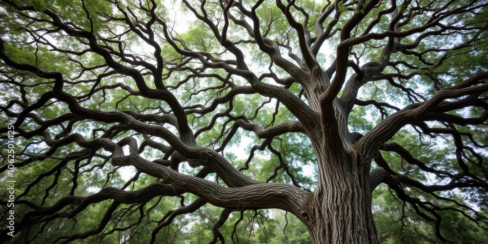 Tall oak tree with sprawling branches and thick trunk, environment, outdoors Tall oak tree with sprawling branches and thick trunk, environment, outdoors