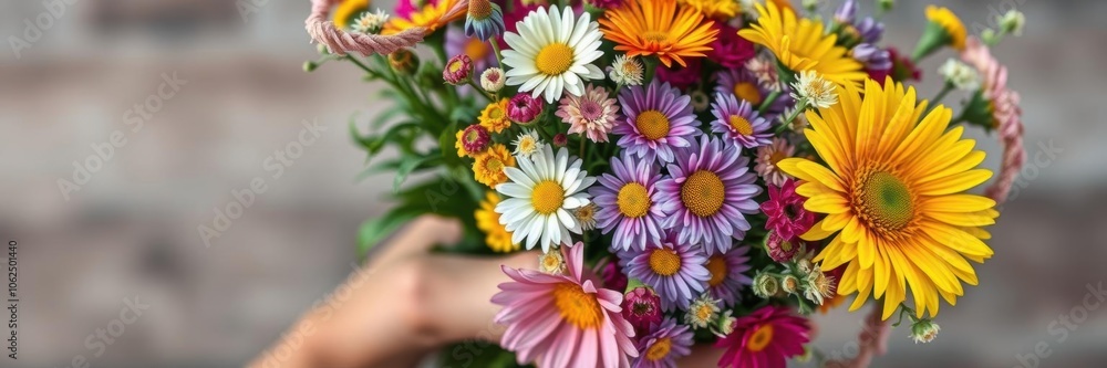 A close-up shot of a hand holding a beautiful bouquet of colorful wildflowers, summer, spring A close-up shot of a hand holding a beautiful bouquet of colorful wildflowers, summer, spring
