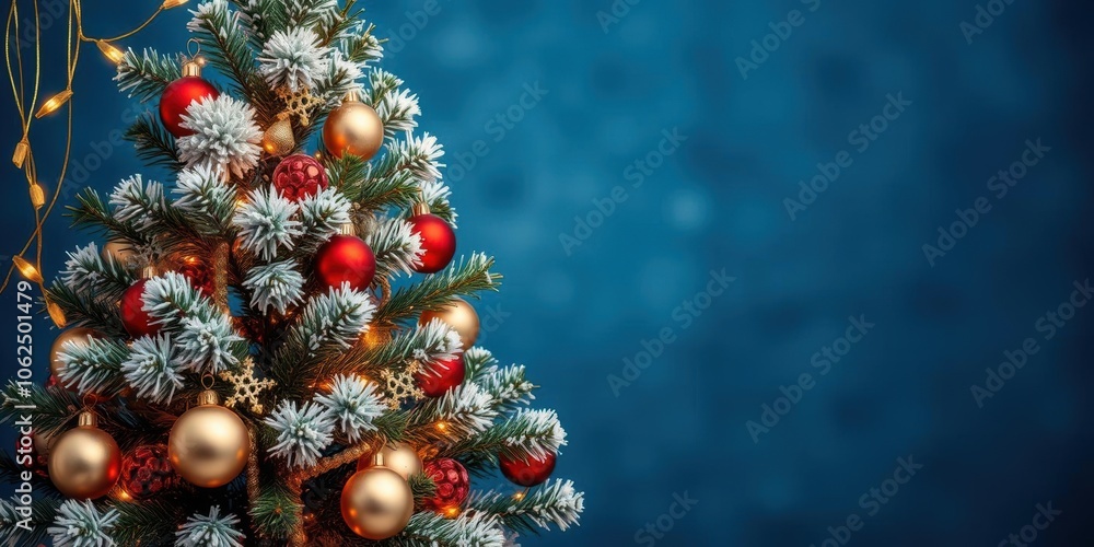A beautifully decorated Christmas tree with elegant gold and blue ornaments on a blue background, gold, celebration A beautifully decorated Christmas tree with elegant gold and blue ornaments on a blue background, gold, celebration