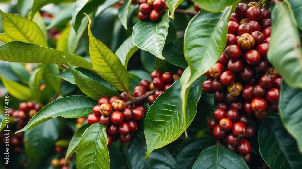 Close-up shot of a flourishing coffee plant with vibrant green leaves and coffee cherries, close-up, botany Close-up shot of a flourishing coffee plant with vibrant green leaves and coffee cherries, close-up, botany