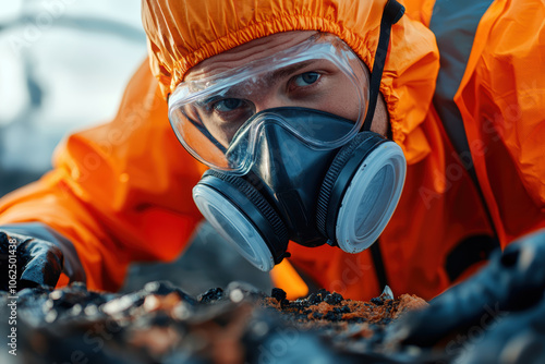 Regulatory worker inspecting waste site, wearing biohazard mask and protective gear. focus is on safety and environmental protection in toxic environment