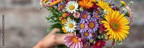 A close-up shot of a hand holding a beautiful bouquet of colorful wildflowers, summer, spring