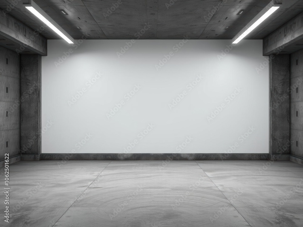 Abstract modern concrete room with three fluorescent tube lights and rough industrial floor, empty, room Abstract modern concrete room with three fluorescent tube lights and rough industrial floor, empty, room