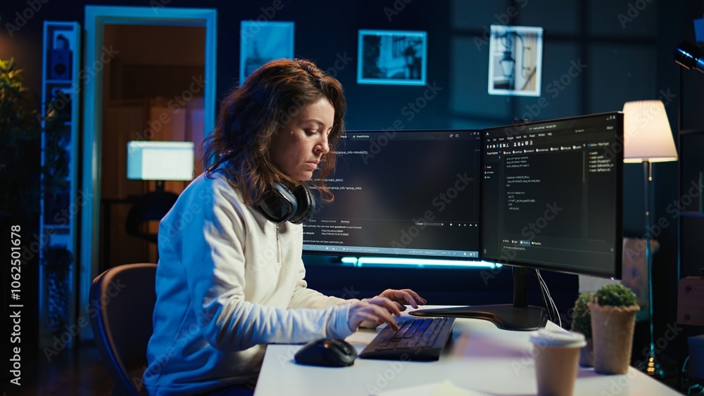 Teleworking computer technician typing on keyboard, implementing security measures to protect company systems and data, close up. Remote IT employee at home debugging code for software, camera B Teleworking computer technician typing on keyboard, implementing security measures to protect company systems and data, close up. Remote IT employee at home debugging code for software, camera B