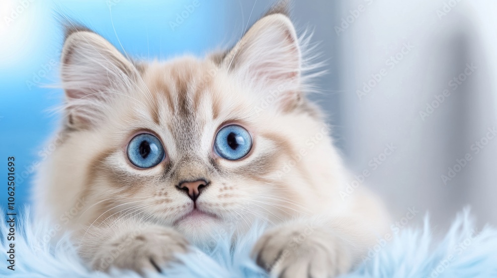 Obraz premium Fluffy kitten with striking blue eyes resting on a soft, fuzzy surface, AI