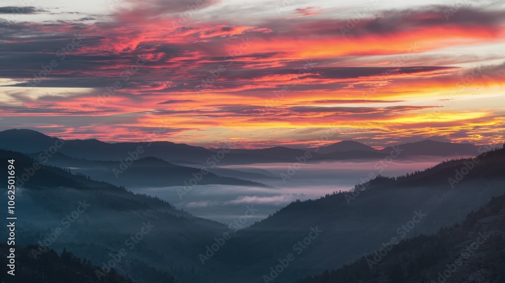 Vibrant sunrise with misty valley and colorful sky over mountain peaks Vibrant sunrise with misty valley and colorful sky over mountain peaks