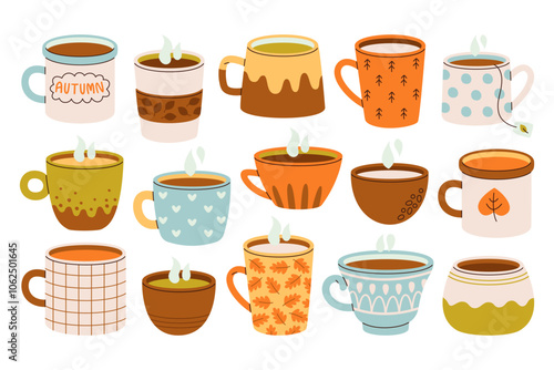 Ceramic cups, porcelain mugs with seasonal autumn aromatic coffee or tea hot steaming drinks set