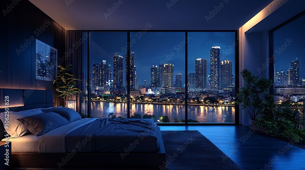 Fototapeta premium Modern Bedroom with City View at Night